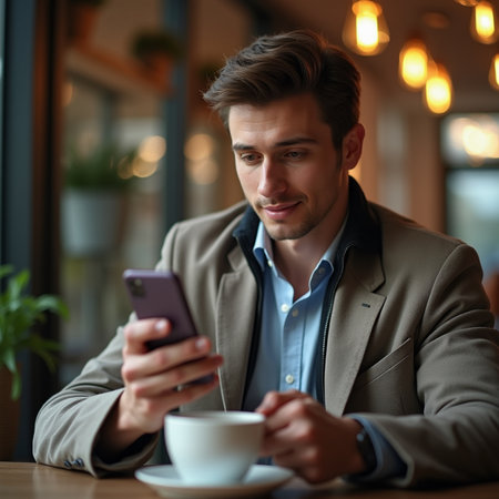 Handsome young man using mobile phone and drinking coffee in cafeの素材
