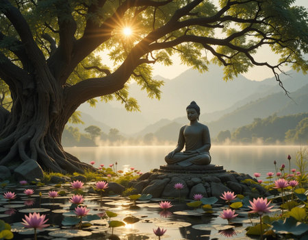 Buddha statue in lotus pond and lotus flower with mountain background.の素材