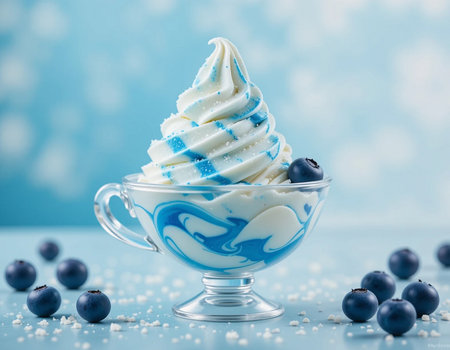 Blueberry ice cream in a glass bowl with blueberries on blue backgroundの素材