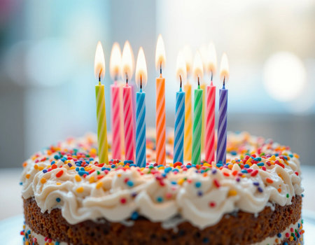 Birthday cake with burning candles on blurred background, close-upの素材