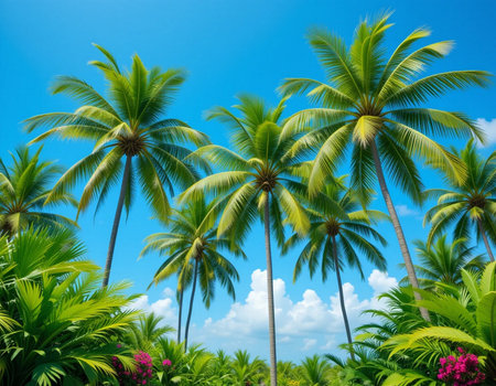 Coconut palm trees on blue sky background. Summer holiday conceptの素材