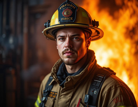 Portrait of a firefighter in uniform with fire in the background.の素材