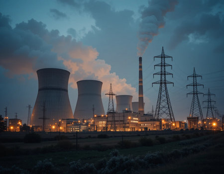 Power plant in the evening. Nuclear power plant. Energy generation and heavy industry.の素材