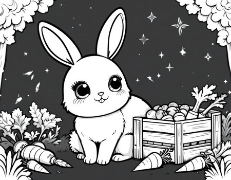 Black and White Cartoon Illustration of Cute Baby Rabbit Animal Character for Coloring Bookの素材