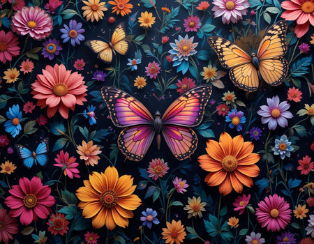 Butterfly and flowers on a dark background. Floral background.の素材