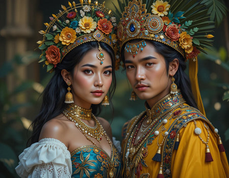 Portrait of two beautiful Asian women in thai traditional costume.の素材
