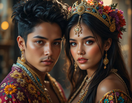 Portrait of two beautiful Asian women in traditional Indian clothing.の素材