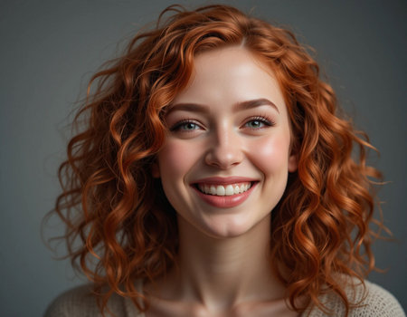 Portrait of beautiful young woman with curly red hair on gray backgroundの素材