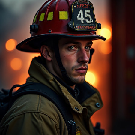 Firefighter with a fire extinguisher on the background of a burning buildingの素材