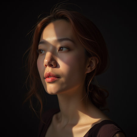 Portrait of a beautiful young Asian woman with shadow on her faceの素材