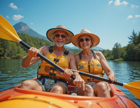 Happy senior couple kayaking on lake. They are sitting on the boat and smilingの素材