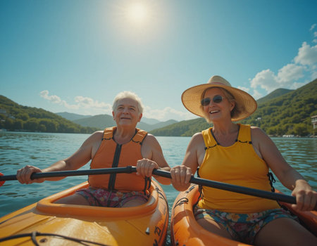 Senior couple paddling a kayak on the lake at sunny dayの素材