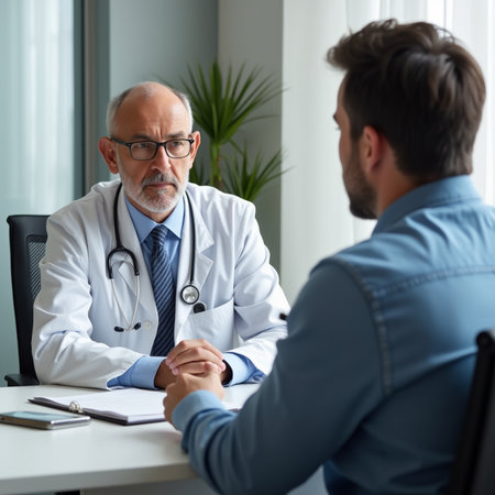 Doctor and patient discussing something while sitting at the table. Medicine and health care concept.の素材