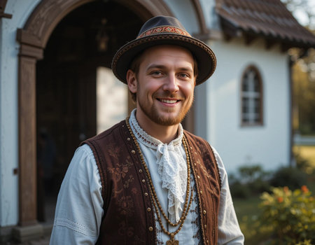 Portrait of a handsome young man in a traditional Bavarian costumeの素材