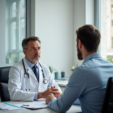 Doctor and patient discussing something while sitting at the table. Medicine and health care concept.の素材