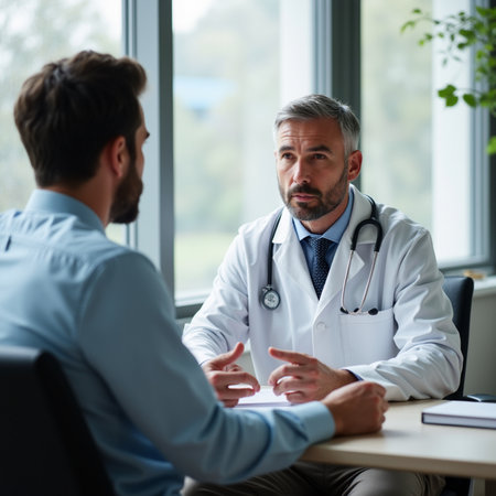 Doctor and patient discussing something while sitting at the table. Medicine and health care concept.の素材