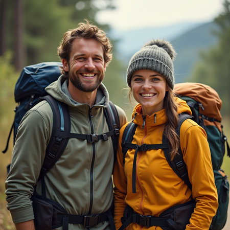 Portrait of a smiling couple with backpacks standing in the forestの素材