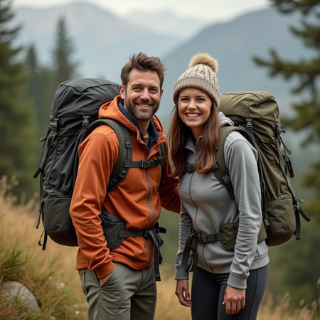 Happy couple of hikers with backpacks standing on top of a mountainの素材