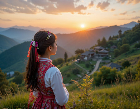 Beautiful Asian woman in a traditional dress at sunset in the mountains.の素材