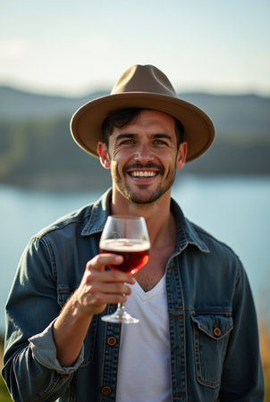 Portrait of handsome young man holding glass of red wine in countrysideの素材