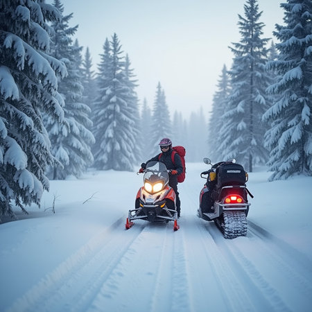 Two snowmobiles on the road in the winter forest. The concept of extreme sports.の素材