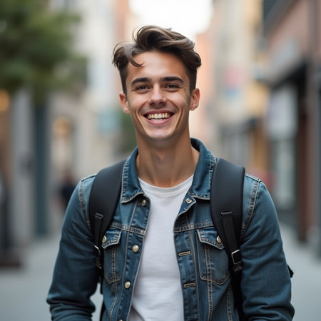 Portrait of a smiling young man with backpack in the city.の素材