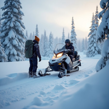 Two men with snowmobile in the winter forest at sunset time.の素材