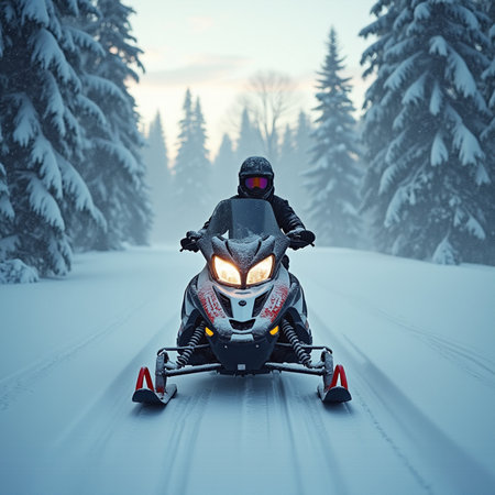 Athlete on a snowmobile moving through the winter forest.の素材