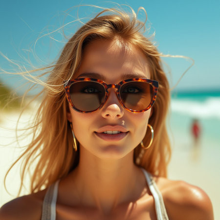 Portrait of a beautiful blonde girl in sunglasses on the beach.の素材