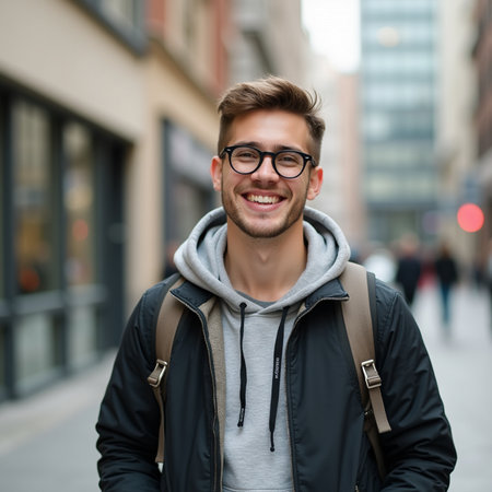 Portrait of a smiling young man with backpack in the city.の素材