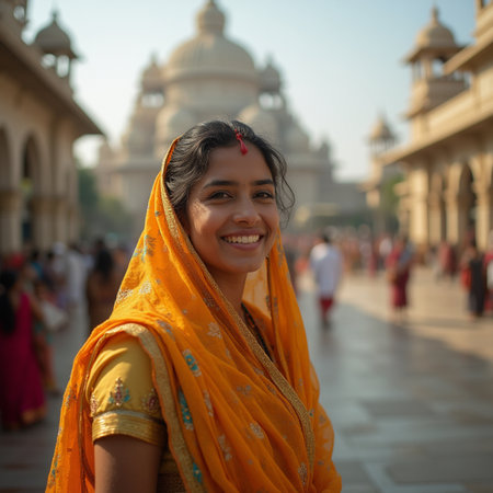 Young Indian woman with yellow sari in Jaipur, Indiaの素材