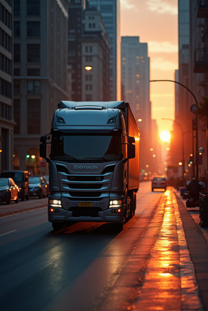truck on the road in the city at sunset. 3d renderingの素材