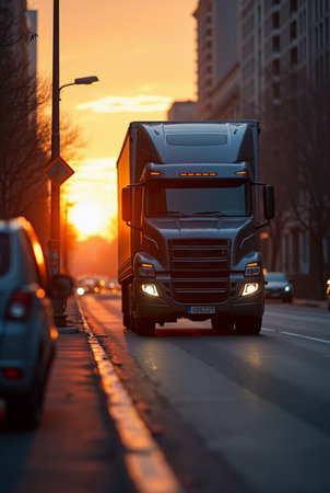 Truck on the road at sunset. Freight transportation and logisticsの素材