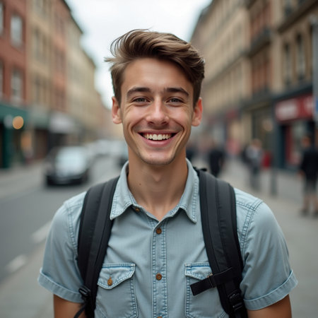 Portrait of a handsome young man with backpack smiling in the cityの素材