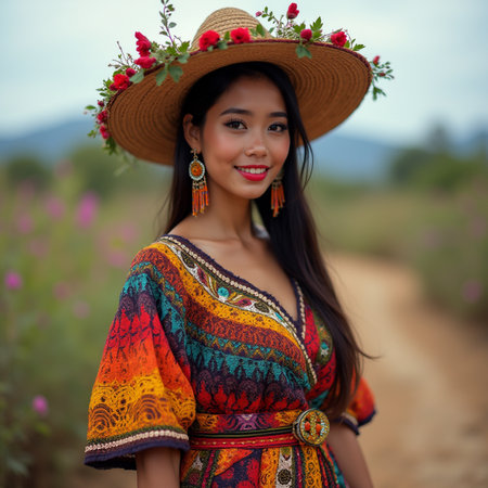 Portrait of a beautiful Asian woman wearing ethnic dress in the fieldの素材