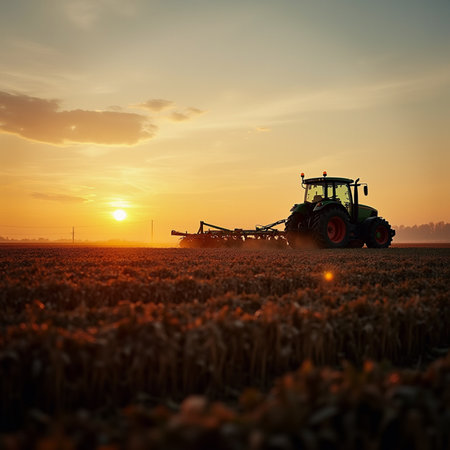Tractor spraying pesticides on soy field with sprayer at sunset.の素材