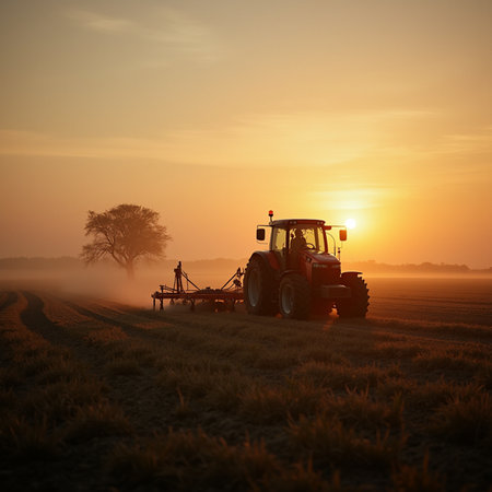 Tractor plowing the field at sunrise. Tractor preparing land for sowing.の素材
