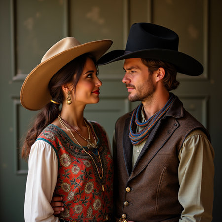 Portrait of a young couple in traditional costume in the city.の素材