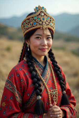 Beautiful asian woman wearing traditional costume in the field at sunsetの素材
