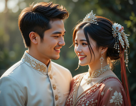 Portrait of Asian couple wearing traditional thai wedding dress.の素材
