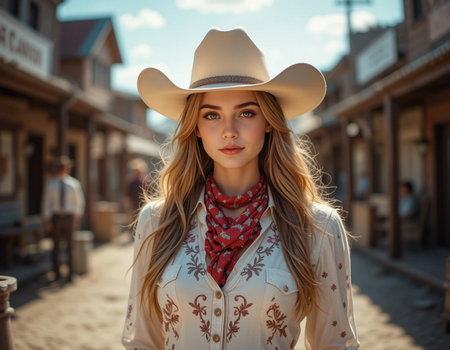 Beautiful girl in a cowboy hat on the background of the city.の素材