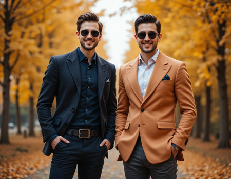 Portrait of two handsome men in suits and sunglasses in the autumn parkの素材