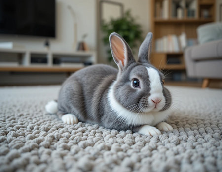 Cute bunny sitting on the carpet at home in the living roomの素材