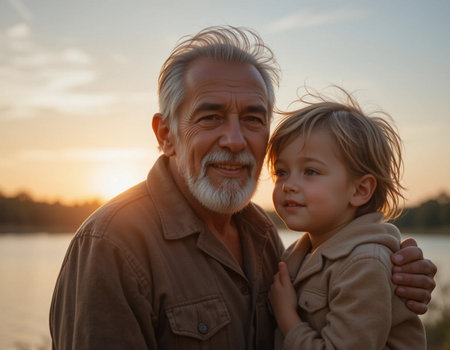 Portrait of a grandfather with his grandson on the river bank at sunsetの素材