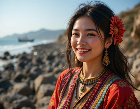 young happy and beautiful Asian Korean woman in national costume smiling cheerful at the beach enjoying holidays trip on beautiful tropical islandの素材