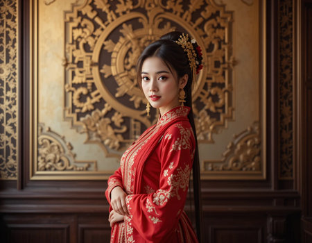 Portrait of beautiful Asian woman wearing traditional Chinese dress in the roomの素材