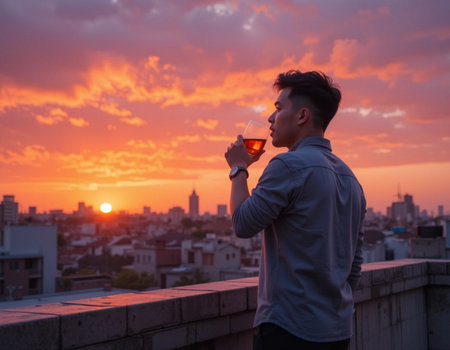 Young Asian man drinking red wine on the rooftop at sunset.の素材