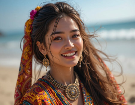 Beautiful young Asian woman in Indian costume on the beachの素材