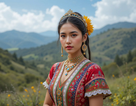 Portrait of a beautiful Asian woman in traditional clothes in the mountainsの素材
