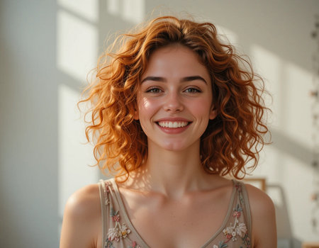 Portrait of a beautiful young woman with curly red hair, smiling.の素材